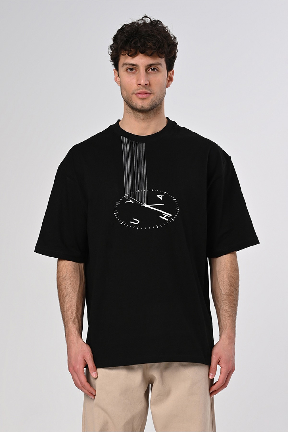 Saat Tasarım Siyah Pamuk Bisiklet Yaka Oversize T-shirt 23'